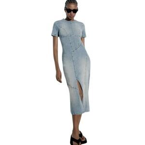 Zara Womens Denim Midi Jean Dress Size S Blue Short Sleeve Slit 7227/082 NWOT